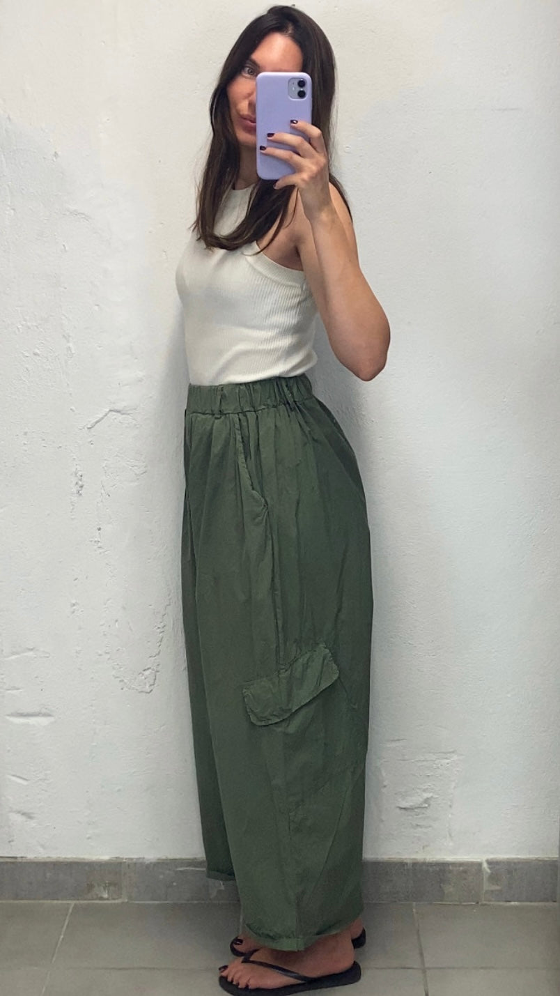 Pantalon cargo popeline vert kaki