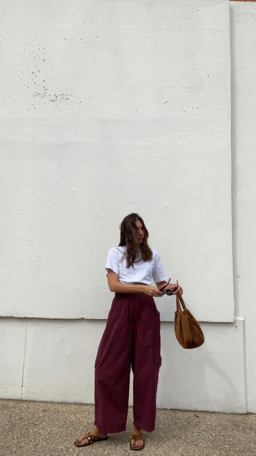 Pantalon cargo popeline aubergine