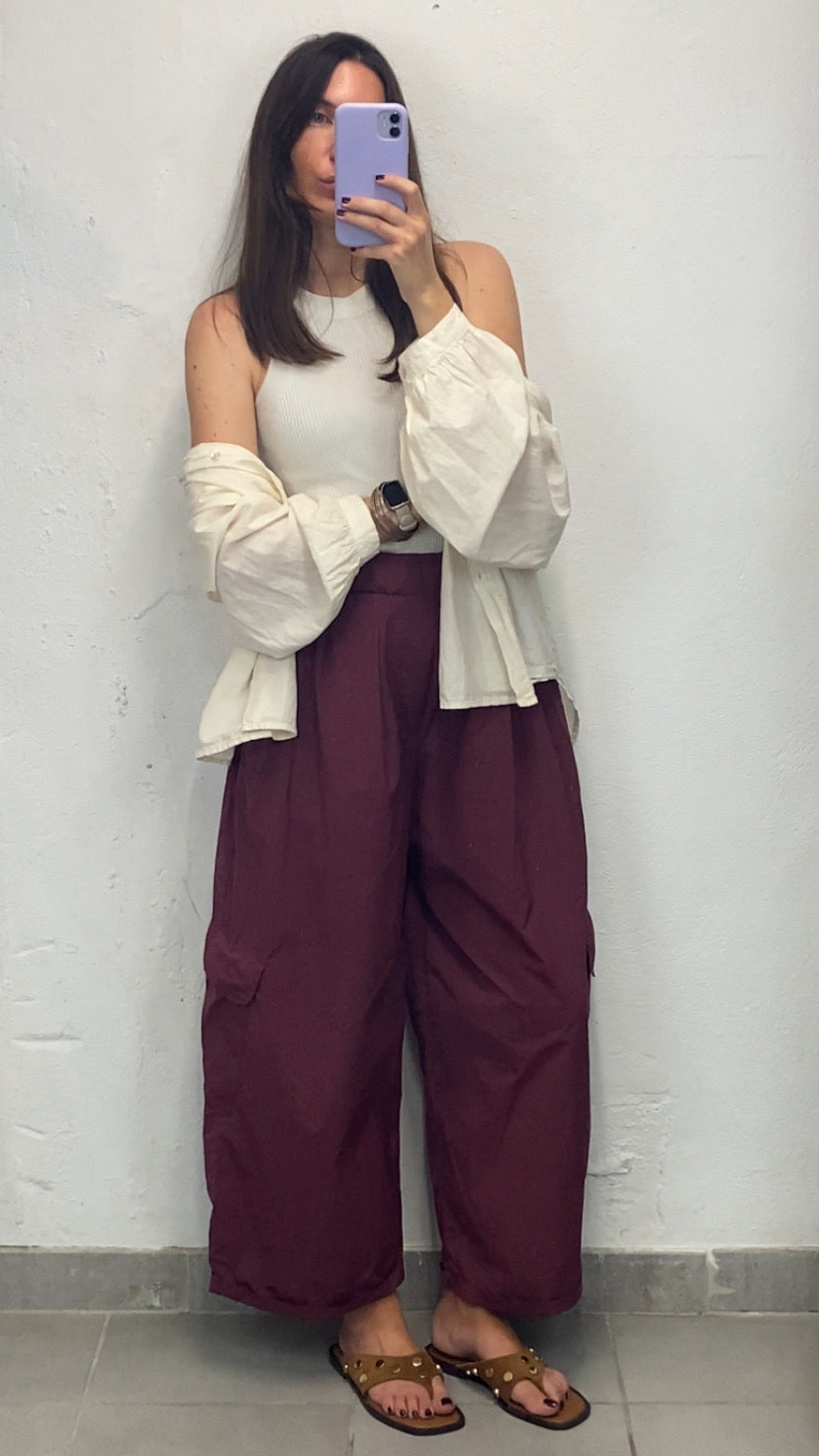 Pantalon cargo popeline aubergine