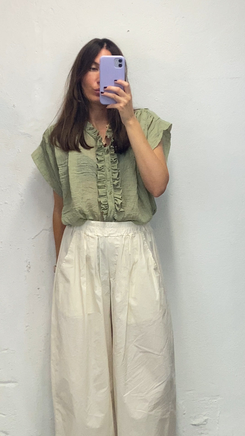 Chemisier sans manches volants vert olive