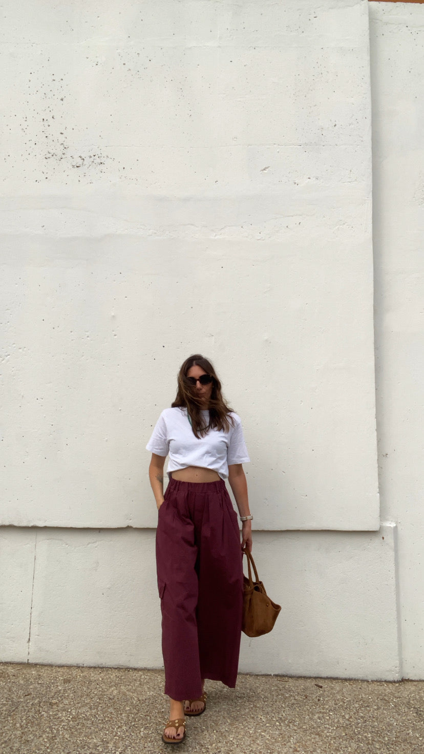 Pantalon cargo popeline aubergine