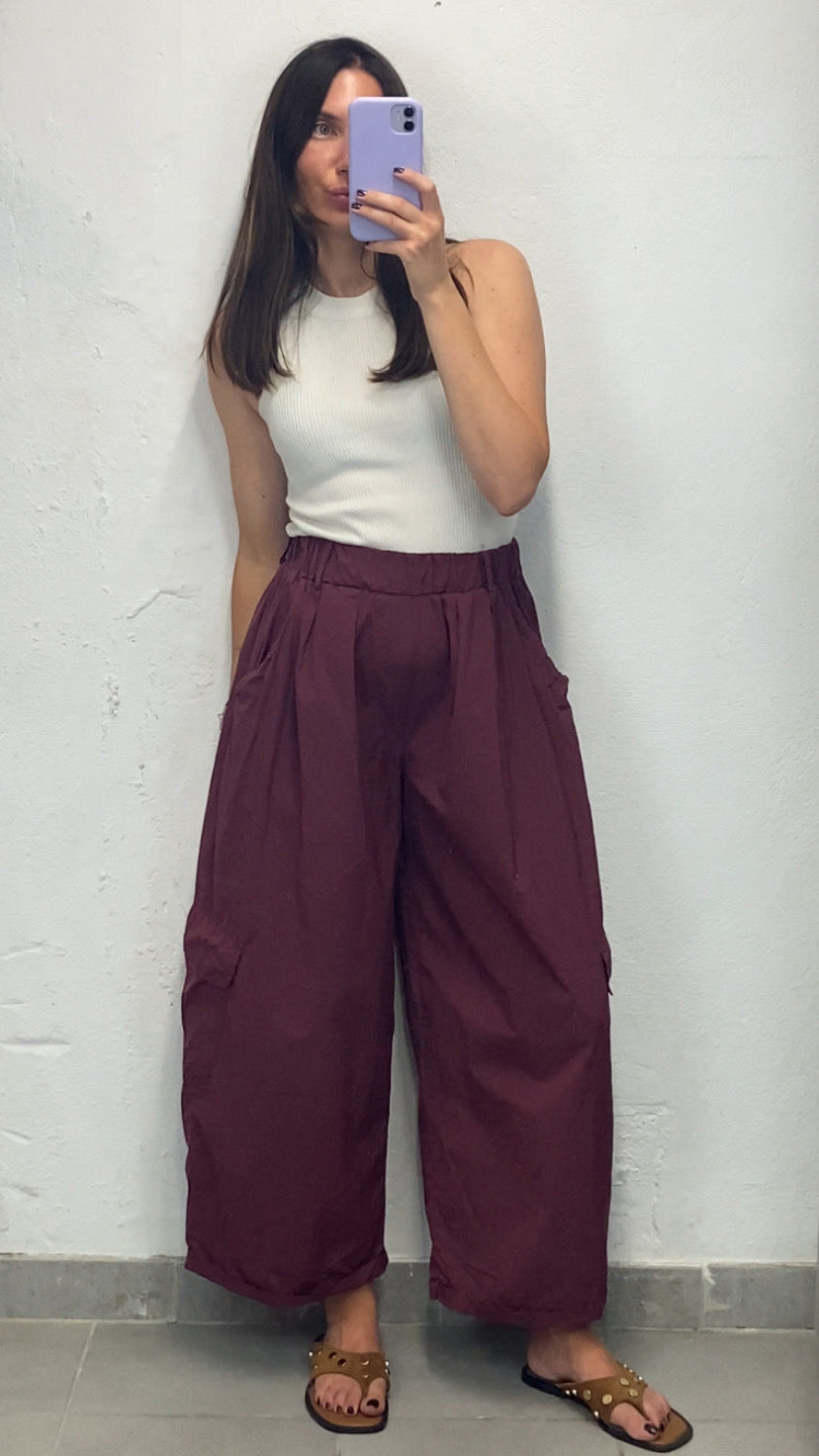 Pantalon cargo popeline aubergine