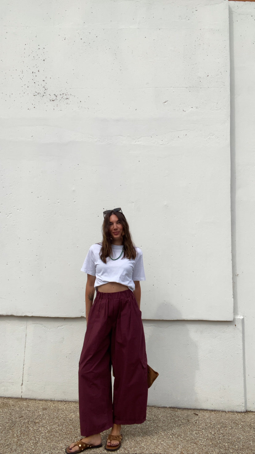 Pantalon cargo popeline aubergine