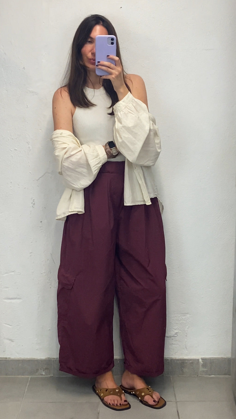Pantalon cargo popeline aubergine