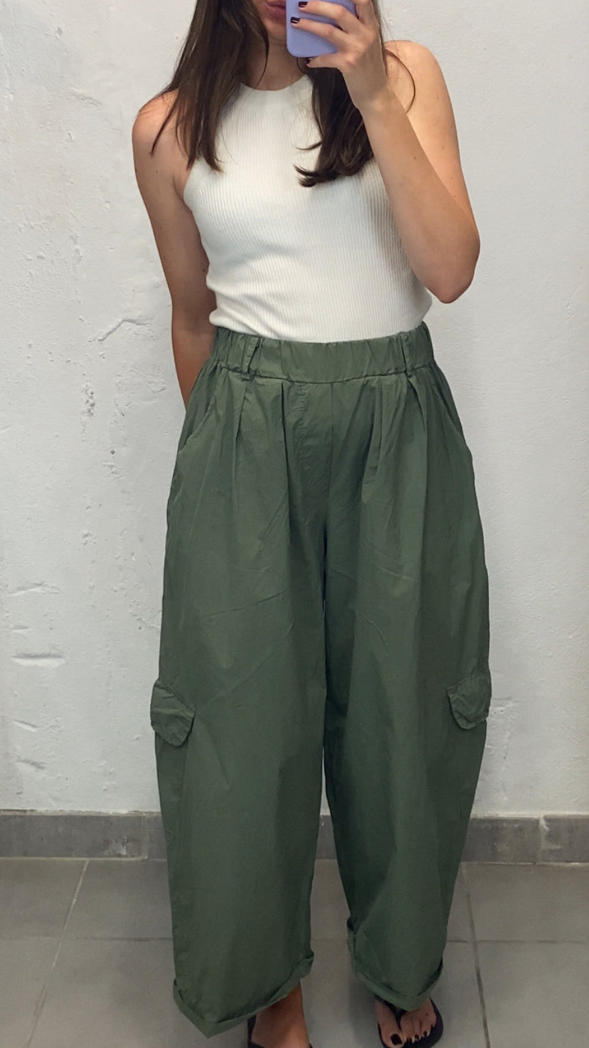 Pantalon cargo popeline vert kaki