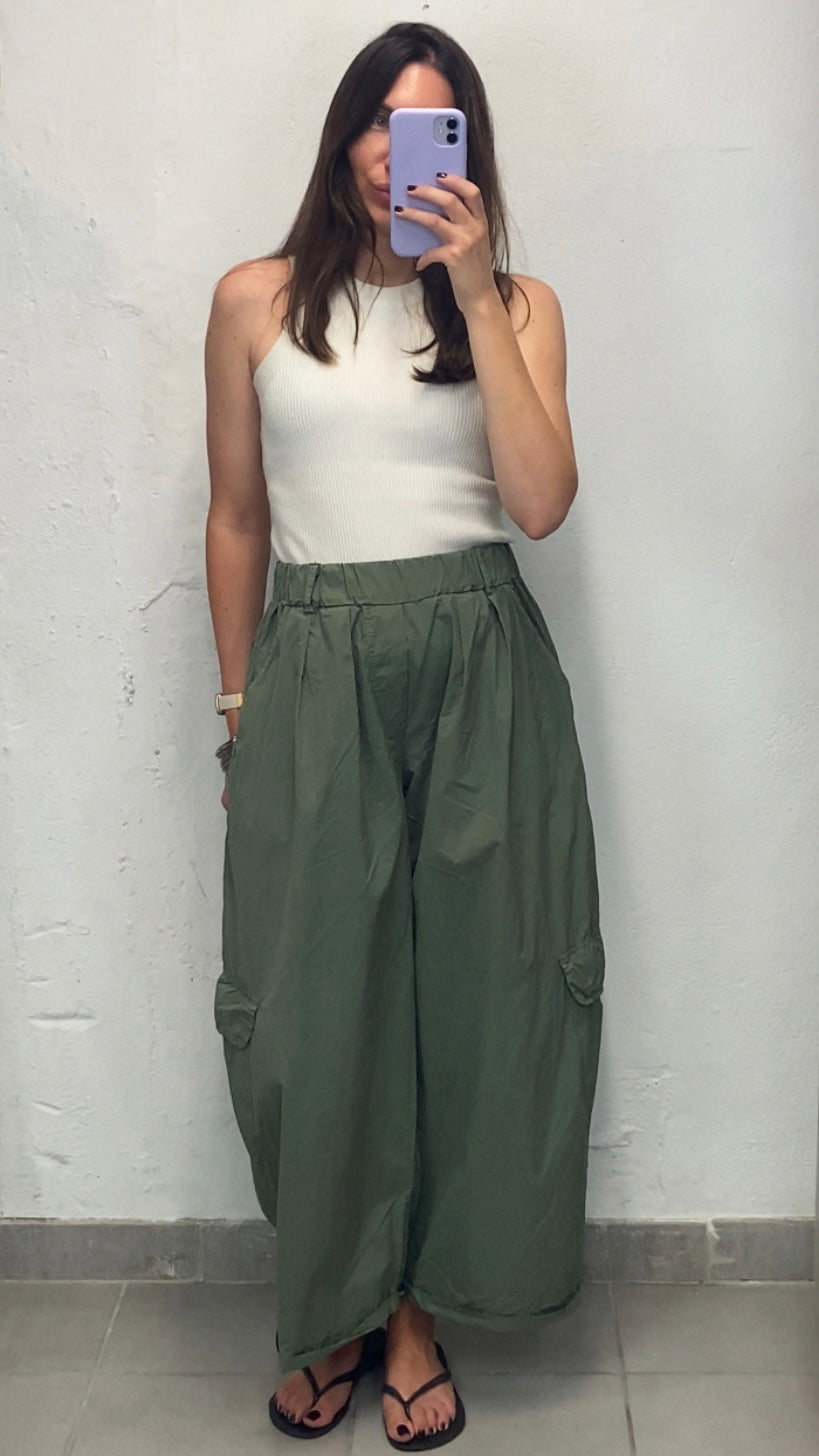 Pantalon cargo popeline vert kaki