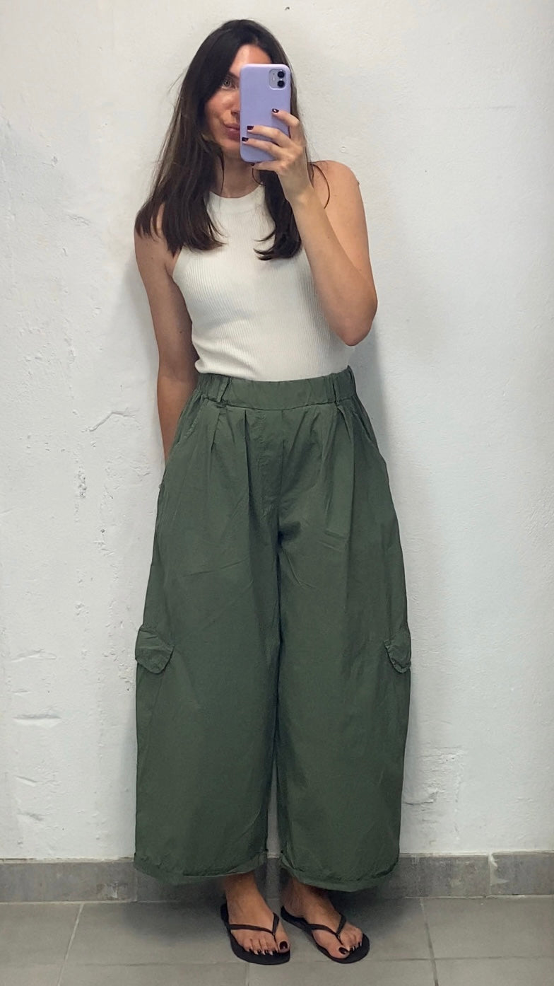 Pantalon cargo popeline vert kaki