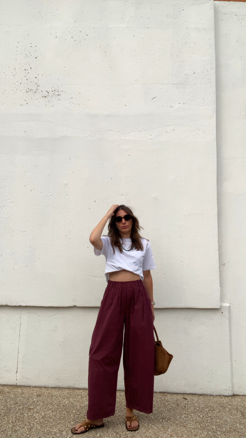 Pantalon cargo popeline aubergine
