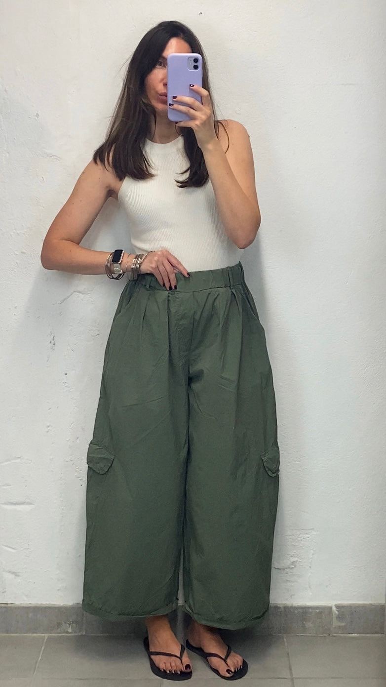 Pantalon cargo popeline vert kaki