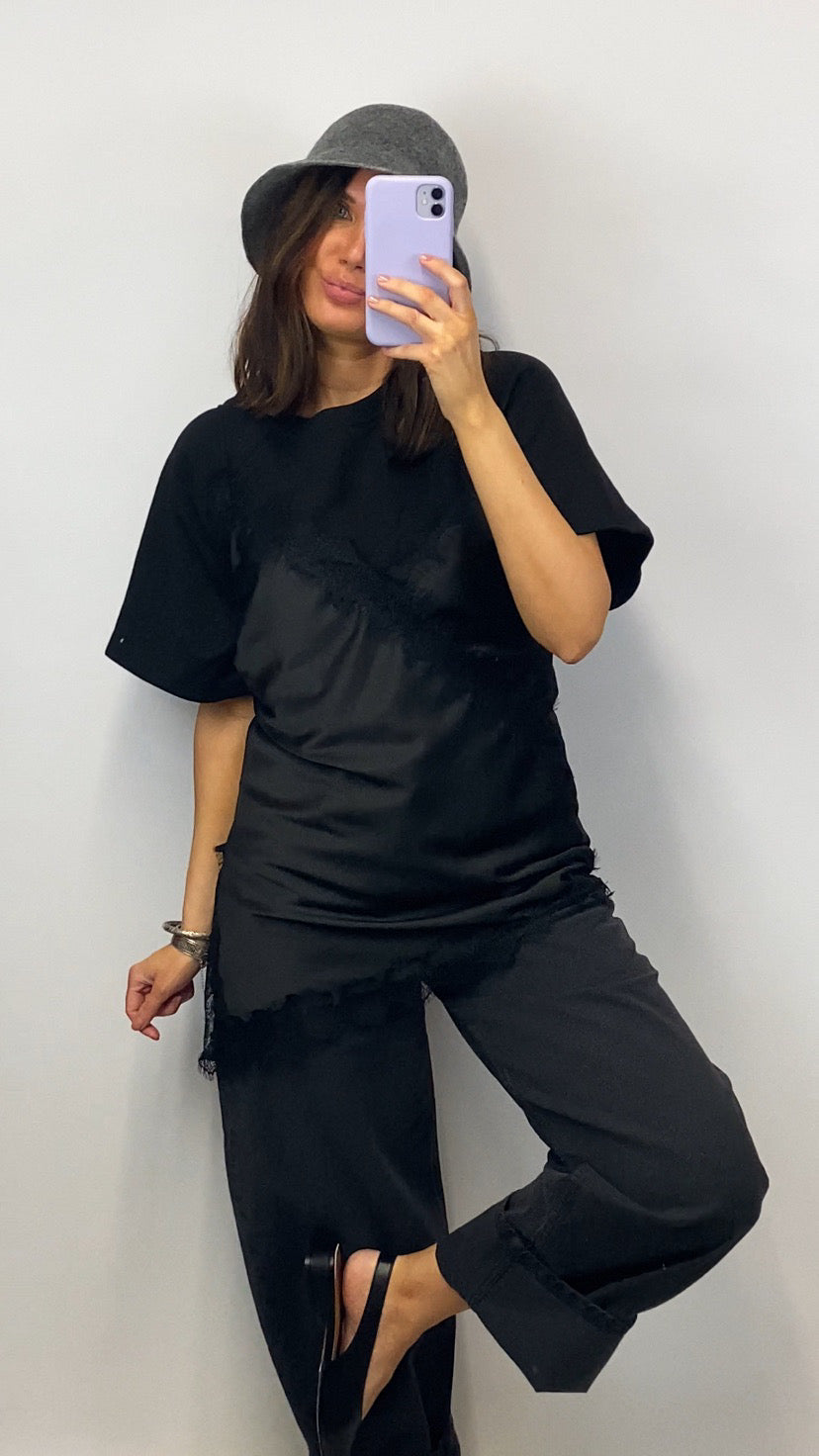 Top lace & satin Inès noir