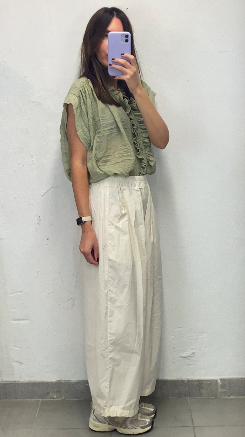 Chemisier sans manches volants vert olive