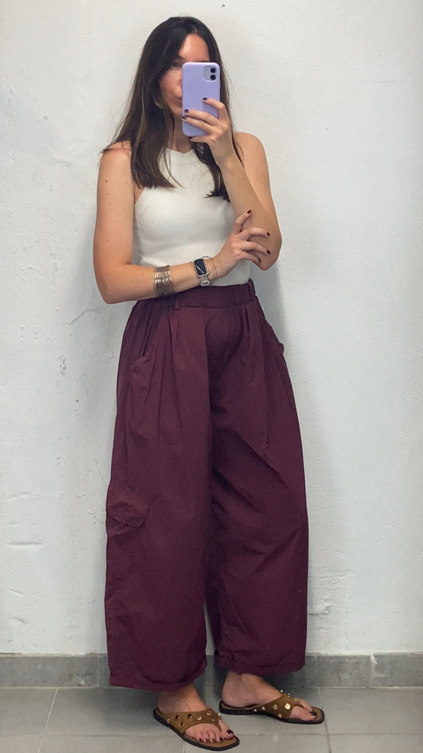 Pantalon cargo popeline aubergine