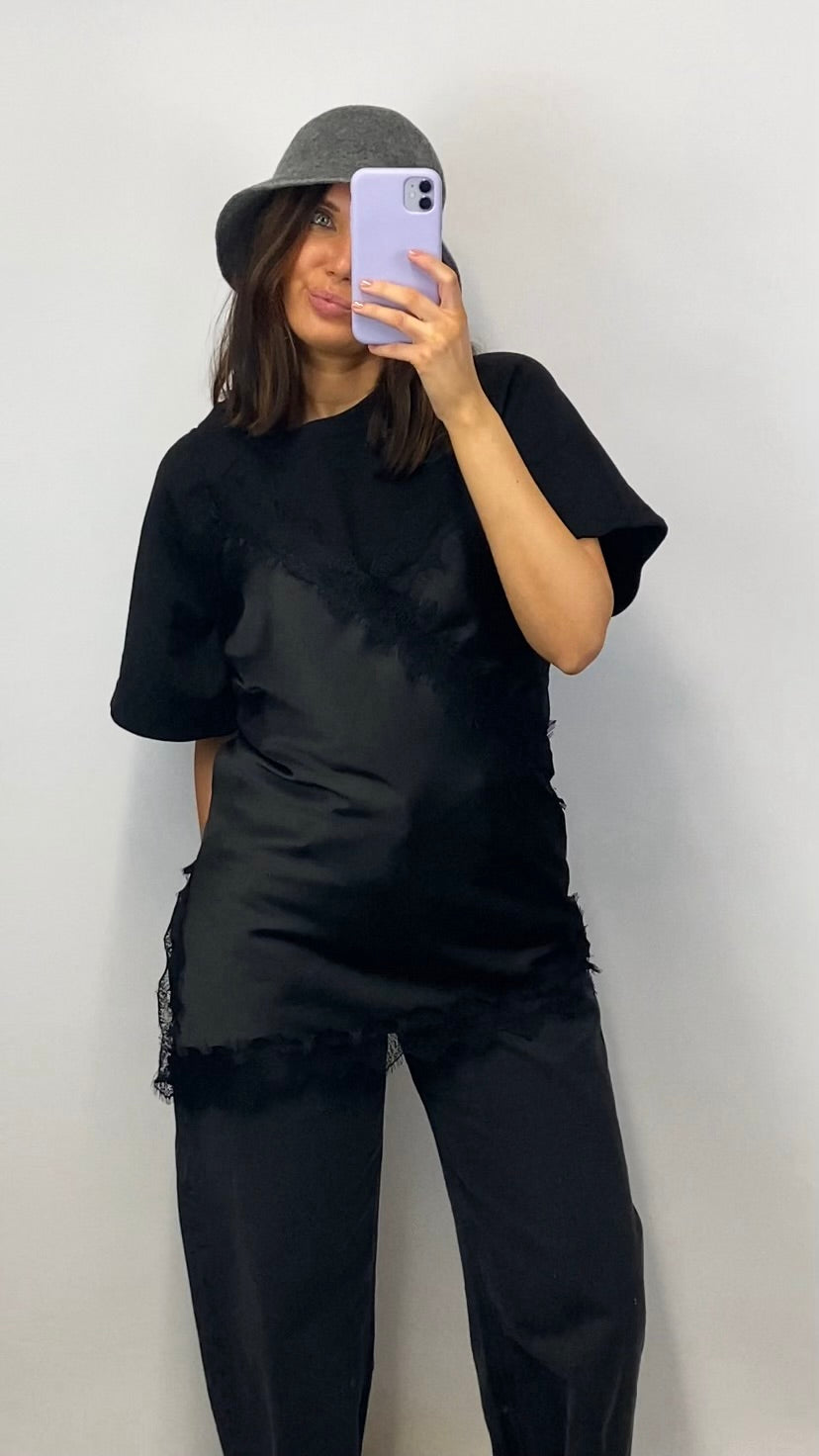 Top lace & satin Inès noir