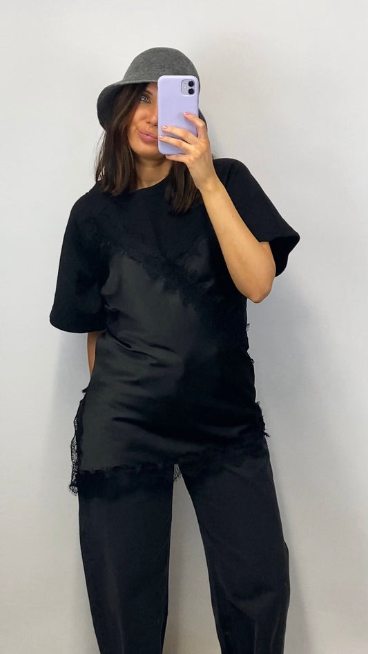 Top lace & satin Inès noir