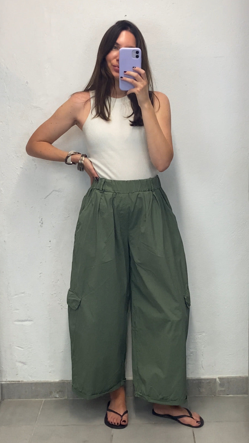 Pantalon cargo popeline vert kaki