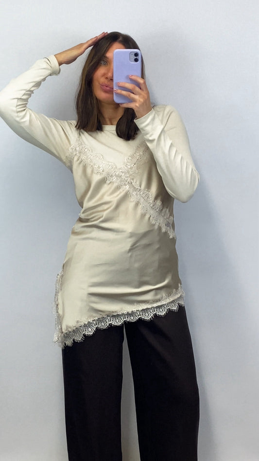 Top lace & satin Inès beige